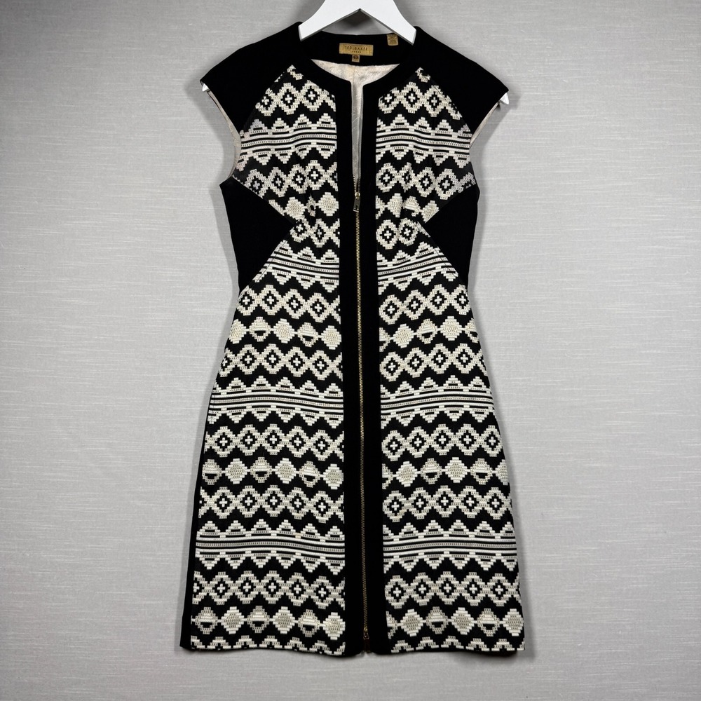 Ted Baker Dress Womens 0 Black White Chic Business Wedding Chic Office Geometric